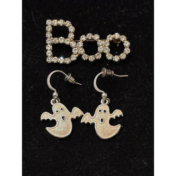 Whimsical Halloween Rhinestone Boo Brooch And Ghost Earrings Set - Picture 1 of 5
